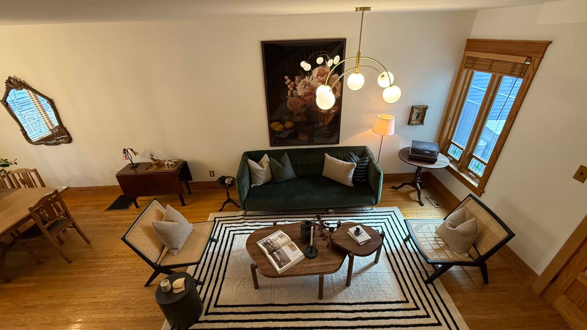 Cozy living room with modern furniture arrangement.